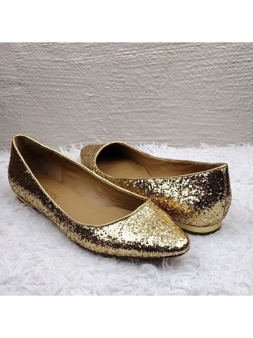 Talbots Gold Glitter Metallic Closed Almond Toe Slip On Leather Lined Flat Shoe